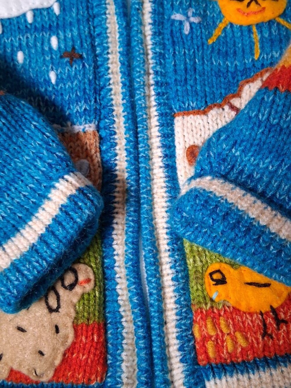 Hand Knit Peruvian Cardigan Sweater Kids Blue Mountain Sheep Sun Snail Zip - Picture 6 of 16